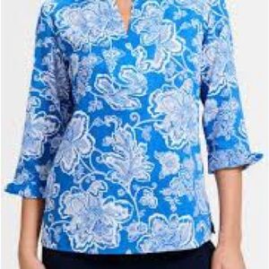 Foxcroft Royal Blue White Floral Split V Tunic